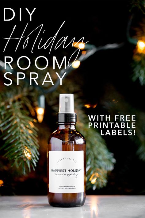 This easy DIY Essential Oil Holiday Room Spray brings together the smell of fresh evergreen, warming clove, zesty orange, and sweet cinnamon. Use it as an air freshener, linen spray, or aromatherapy shower mist, or give it as a gift! Get the recipe and FREE printable labels. #diychristmas #DIYstockingstuffer #homemadegiftideas #homemadegift #homemadechristmasgift #essentialoil #DIYroomspray #DIYgift #DIYgiftideas modernminimalism.com Christmas Room Spray Diy, Holiday Room Spray Essential Oils, How To Make Room Spray, Essential Oil Room Spray Recipe, Diy Room Spray Essential Oils, Room Spray With Essential Oils, Holiday Room Spray, Essential Oil Room Spray, Hippie Juice