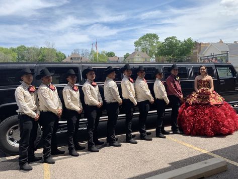 How To Ask Your Chambelanes To Be In Your Quince, Court Outfits Quinceanera, Red Charro Chambelanes Outfits, 15 Court Outfits, Red Quinceanera Court, Chambelanes Outfits Quinceanera Red And Gold, Chambelanes Vaqueros Outfits Red, Chambalans Outfits Quince Red, Dama Outfits Quinceanera Vaquero