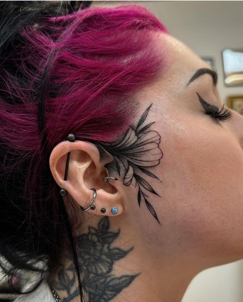 Woman Ear Tattoo, Side Of The Face Tattoo, Forehead Tattoo Woman, Side Face Tattoos For Women, Sideburn Tattoo Women, Back Of Head Tattoo, Side Face Tattoo, Side Of Ear Tattoo, September Tattoo