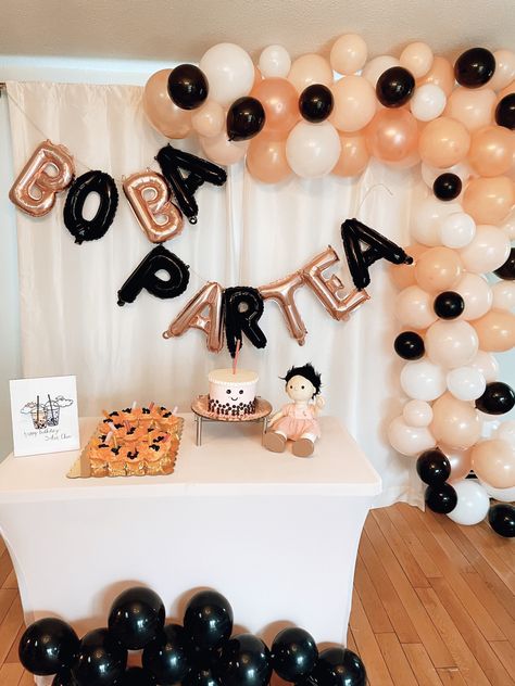 Boba bubble tea party with Thai tea cupcakes and green tea boba tea cake. Featuring olli ella Roo doll. Boba Bridal Party, Boba 1st Birthday, Boba Party Backdrop, Bubble Tea Themed Birthday Party, Boba Tea Decor, Boba Theme Cake, Boba Tea Party Decorations, Bubble Tea Cupcakes, Bubble Tea Theme Party