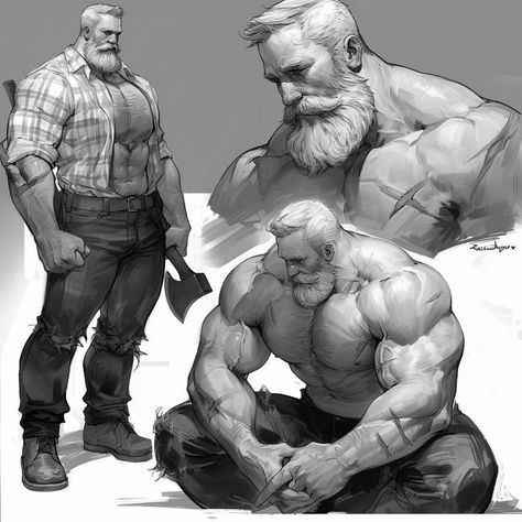 Art Figures Poses, Muscular Man Sitting Reference, Large Muscular Men Drawing, Large Character Design, Muscular Reference Pose, Man With Knife Pose Drawing, Body Builder Pose Reference, Strong Man Character Design, Big Character Design