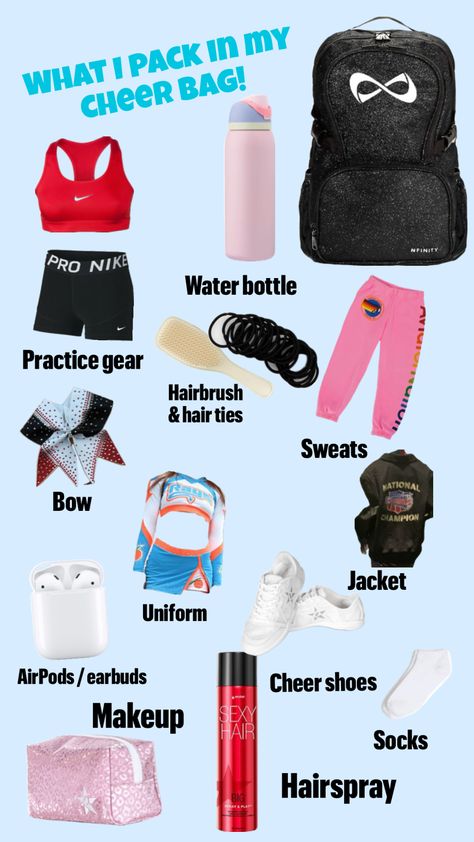 #cheer #competition #comp #preppy #cheerleading #cheerleader #cheerbag #cheerpractice Things For Cheerleaders, Things To Have In Your Cheer Bag, Cheer Competition Must Haves, What To Bring To Cheer Practice, Things To Put In Your Cheer Bag, Competition Cheer Bag Essentials, Cheer Practice Bag, Cheer Competition Checklist, Cheerleading Bag Essentials