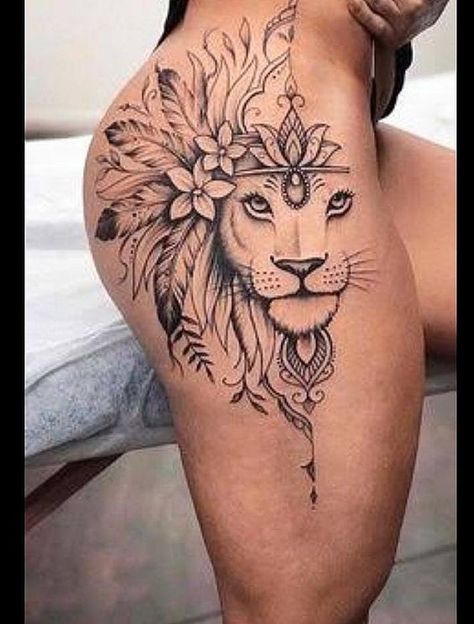 Half Lion Tattoo, Tatuaje Cover Up, Girl Thigh Tattoos, Hip Thigh Tattoos, Hand Tattoos For Girls, Hip Tattoos Women, Forearm Tattoo Women, Leg Tattoos Women, Dope Tattoos For Women