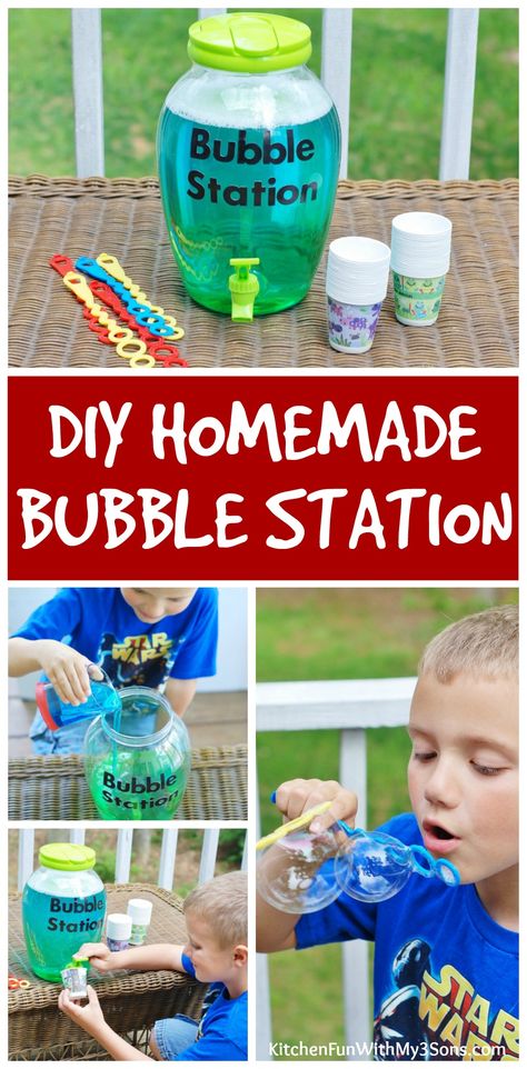 DIY Bubble Refill Station with Homemade Bubbles Recipe from KitchenFunWithMy3Sons.com Homemade Bubbles Recipe, Homemade Outdoor Games, Bubbles Recipe, Backyard Games Diy, Bubble Station, Homemade Bubble Solution, Backyard Games Kids, Refill Station, Bubble Recipe