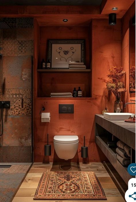 Brown Bathroom Ideas Color Combos, Burnt Orange Bathroom, Dark Brown Bathroom, Terracotta Bathroom, Small Attic Bathroom, Lavender Bathroom, Brown Bathroom Ideas, Toilette Design, African Interior Design