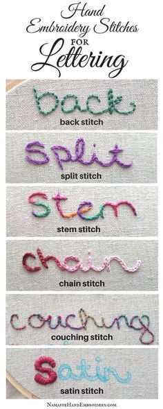 What stitches should you use when hand embroidering letters? In this blog and video tutorial I go over using back stitch, split stitch, stem stitch, chain stitch, couching and satin stitch. Embroidery Stitches For Lettering, Stitches For Lettering, Embroider Letters, How To Embroider Letters, Hand Embroidery Letters, Couching Stitch, Sulaman Pita, Embroidery Stitches Beginner, Basic Embroidery