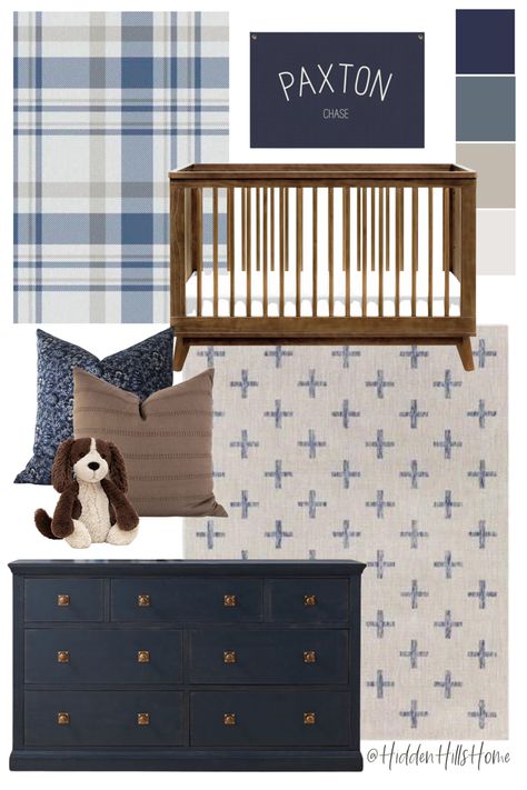 Baby boy nursery decor mood board with navy blue and brown tones Navy Dresser Nursery, Navy And Tan Nursery, Navy Blue Crib Nursery, Wallpaper For Boy Nursery, Denim Blue Nursery, Baby Boy Nursery Blue And Gray, Navy Crib Nursery, Masculine Nursery Baby Boy, Brown And Blue Nursery