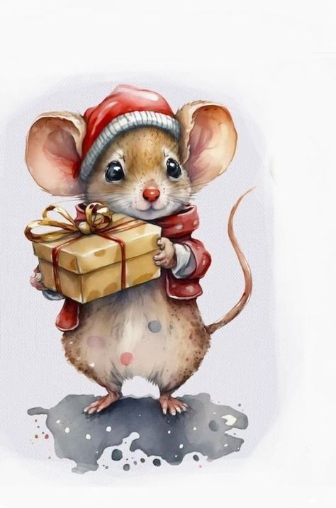 Christmas Mouse Illustration, Christmas Decorations Drawings, Maus Illustration, Mouse Paint, Animal Art Projects, Mouse Illustration, Mouse Drawing, Baby Painting, Christmas Rock