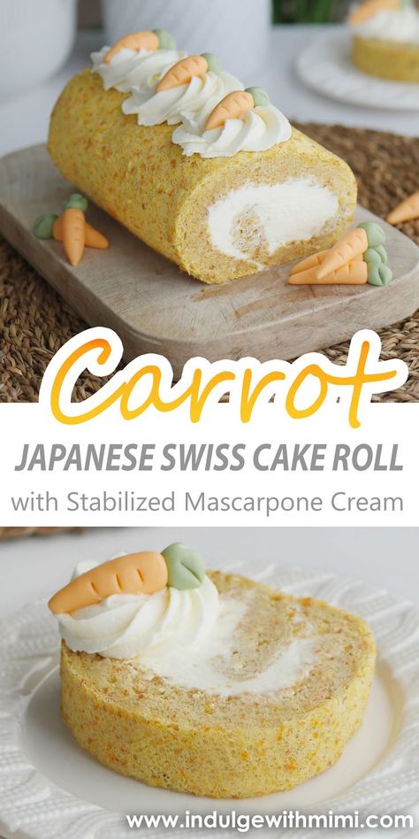 Carrot cake roll topped with whipped mascarpone cream and fondant mini carrots on a wooden cutting board. Carrot Cake Roll, Japanese Roll Cake, Mascarpone Whipped Cream, Swiss Roll Cakes, Swiss Cake, Swiss Roll Cake, Japanese Cake, Cake Base, Mascarpone Cream