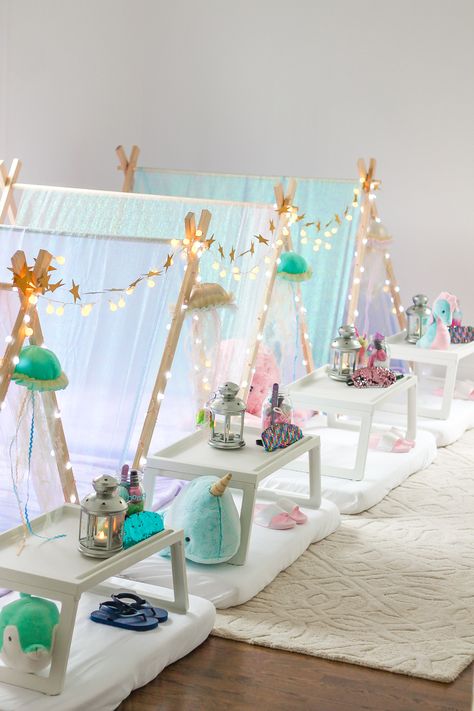 Caroline's Under The Sea Sleepover Party - Carolina Charm Under The Sea Slumber Party, Under The Sea Sleepover, Sleep Under Party Ideas, Slumber Party Decorations, Girls Sleepover Party, Sleepover Room, Sleepover Tents, Birthday Sleepover Ideas, Glamping Birthday