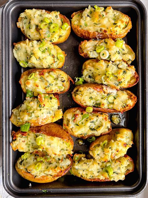 Vegan Double-Baked Potatoes - Lucy & Lentils Stuffed Potato Skins, Double Baked Potatoes, Stuffed Potato, Vegan Potato, Vegan Sides, Twice Baked Potatoes, Vegan Comfort Food, Butter Beans, Potato Skins