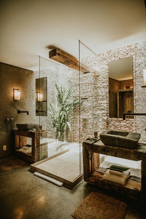 Rustic Luxe Bathroom, Resort Bathroom Ideas, Rustic Resort Interiors, Spa Bathrooms Luxury, Small Spa Design, Hotel Bathrooms Luxury, Hotel Shower Aesthetic, Resort Bathroom Design, Earthy Hotel Room