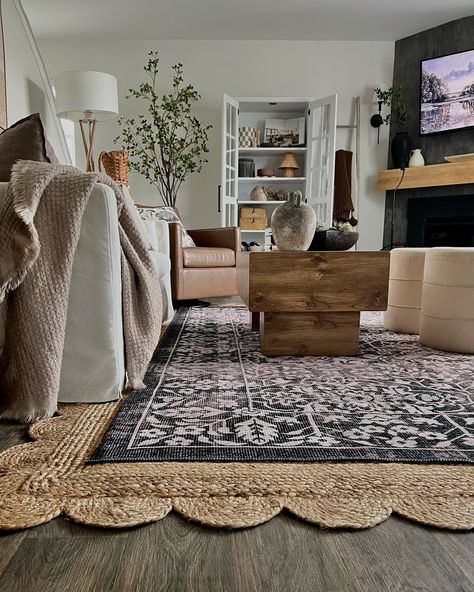 Swipe through to play “where’s the tripod” and check out my favorite budget friendly fall finds 🤎 (They’re really good this year 😉) Decided to go for the layered rug look and I’m loving the moody vibes but not sure if this one’s a keeper… thoughts? Comment FALL to get the links to my living room decor and fall finds sent to your DMs! Follow along for more affordable home decor finds and fall inspo! 🍂🤎 #rusticmodernmix #smalllivingroom #organicmoderndecor #layeredrugs #livingroomrugs #walma... Living Room Layered Rug Ideas, Double Layered Rugs In Living Room, Rug Styling Living Room, Rug Layered Over Jute, Layered Cowhide Rug Living Room, Jute Rug Layering, Layered Rugs Living Room Ideas, Rug Layering Bedroom, Layered Jute Rug Living Room