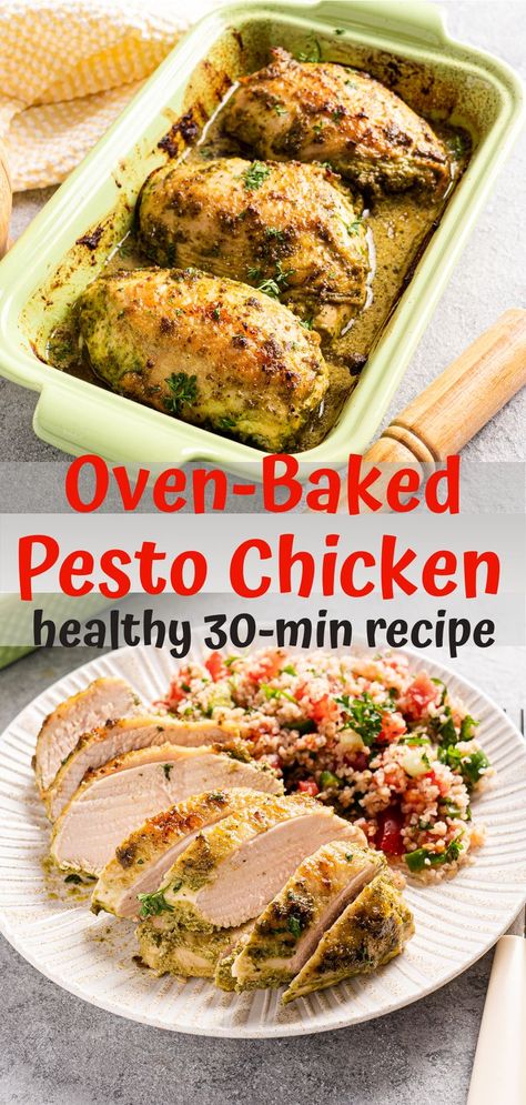 Healthy oven baked chicken for easy dinner. Baked chicken breast with pesto for a healthy diet, clean eating, low-carb, keto diet, and weight loss. Chicken Dinner Oven, Oven Baked Pesto Chicken, Healthy Chicken Dinner Ideas, Pesto Chicken Bake, Pesto Chicken Breast, Baked Pesto Chicken, Chicken Pesto Recipes, Healthy Chicken Dinner, Baked Chicken Breast