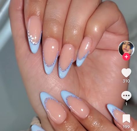 Baby Blue Almond Nails Designs, Blue And Purple Nail Ideas, Almond Shaped Nails Blue, Pink And Baby Blue Nails, Blue Nail Designs Almond, Almond Nails Designs Blue, Light Blue And Pink Nails, Blue French Tip Nails Almond, Pink French Tip Almond Nails