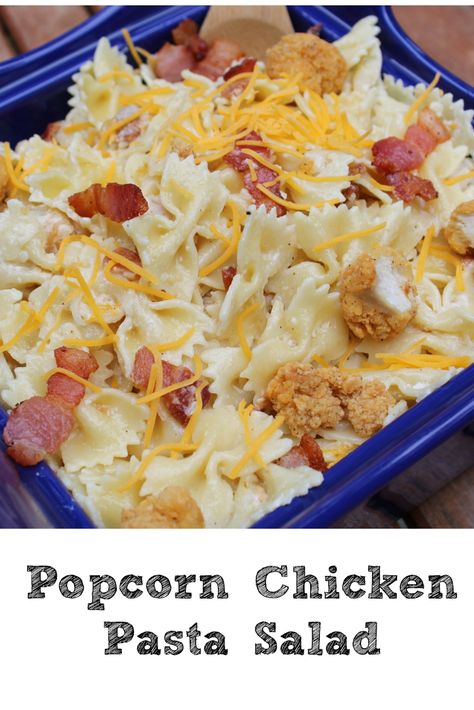 This Popcorn Chicken Pasta Salad is perfect to take to a get together or BBQ!! Combine ranch, popcorn chicken, and bacon into a pasta salad a sure fire hit! Popcorn Chicken Pasta Salad, Popcorn Chicken Salad, Popcorn Chicken Pasta, Ranch Popcorn, Easy Pasta Salad Recipes, Chicken Pasta Salad Recipes, Gallbladder Diet, Chicken And Bacon, Easy Pasta Salad Recipe