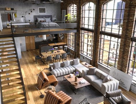 Premium Photo | Industrial style loft apartment with arch windows and indoor balcony 3d render Loft Decorating Ideas Upstairs, Loft Apartment Living Room, Loft Apartment Bedroom, Industrial Style Loft, Loft Apartment Industrial, Arch Windows, Apartment Living Room Ideas, Industrial Loft Design, Loft House Design