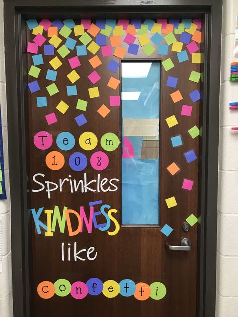 Scatter Kindness Like Confetti, Sprinkle Kindness Like Confetti Bulletin Board, Confetti Door Decoration, Sprinkle Kindness Bulletin Board, Spread Kindness Like Confetti, Classroom Highschool, Sprinkle Kindness Like Confetti, Candy Theme Classroom, Literacy Display