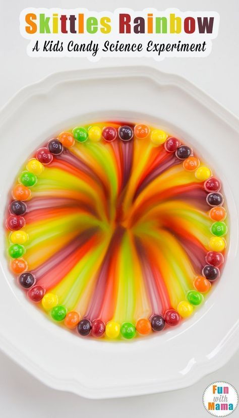 This fun and awesome skittles rainbow kids candy science experiment will WOW the whole family. Kids will watch the magic colors unfold on a plate. This activity is for toddlers, preschoolers, elementary grade students, kids and adults... this activity wil Math Rainbow Activities, Aiden Thomas, Noah Crafts, Skittles Rainbow, Skittles Experiment, Candy Science Experiments, Simple Stem Activities, Vetenskapliga Experiment, Candy Experiments