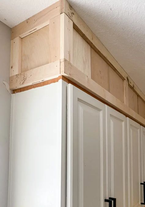 Learn how to extend your kitchen cabinets to the ceiling. Upgrade your kitchen with this easy to follow tutorial. DIY this project for a more modern look. Ceiling Upgrade, Kitchen Cabinets To Ceiling, Kitchen Soffit, Cabinets To Ceiling, Kitchen Ceiling Design, Redo Kitchen Cabinets, Tall Kitchen Cabinets, Builder Grade Kitchen, Cabinet Molding