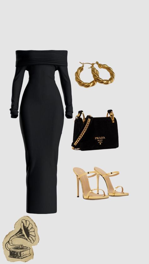 #myfirstshuffle Gold Dress Formal Classy, Black And Gold Dress Formal, Dress And Heels Outfit, Gold Dress Formal, Rich Outfits, Black And Gold Dress, Dubai Outfits, Plus Size Winter Outfits, Wardrobe Makeover