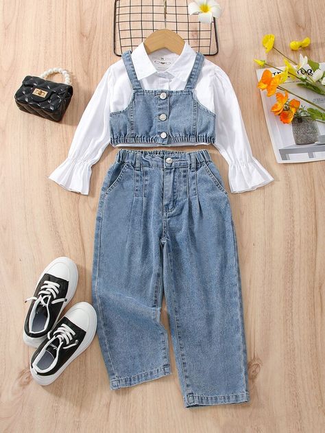 Kids Top Design For Jeans, Baby Girl Jeans Outfit, Kids Jeans Girls Outfit, Kids Jeans Outfit, Girls Jeans Outfit, Jean Top Outfits, Kids Jeans Girls, Girls Denim Shirt, Jeans For Kids