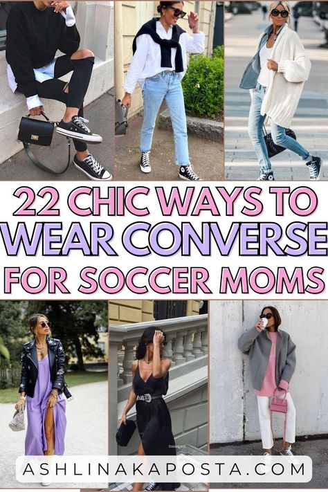 22 CASUAL CONVERSE SNEAKER LOOKS FOR CHIC SOCCER MOMS — ASHLINA KAPOSTA Play Converse Outfit Women, Womens Outfits With Converse, Mom Converse Outfit, Navy Blue Converse Outfit Aesthetic, Women Converse Outfit, Soccer Outfits For Women Fashion, Silver Converse Outfit, Play Converse Outfit, Converse Lift Outfit