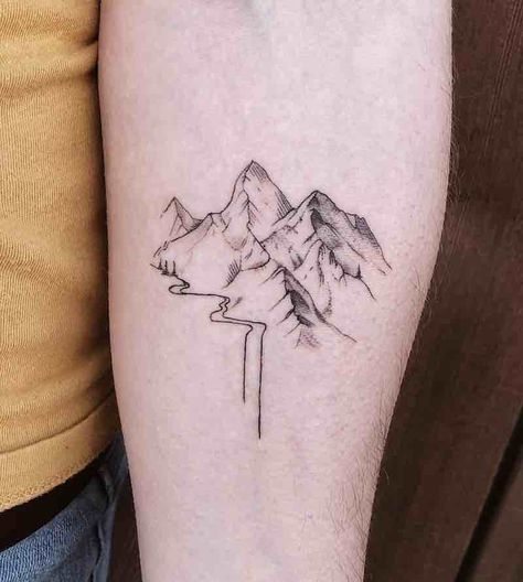 23 Remarkable Mountain Tattoos - Tattoo Insider Moutain Tattoos, Mountain Tattoos, River Tattoo, Music Tattoo Sleeves, Shape Tattoo, Landscape Tattoo, Tattoos Geometric, Butterfly Tattoos, Tiny Tattoo