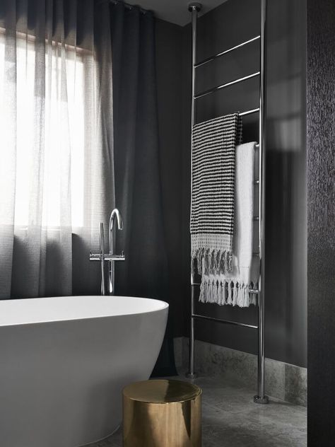 Interview with Sally Caroline | Australian Designer Interview | est living Sally Caroline, Dark Grey Tile Bathroom, Parents Retreat, Grey Marble Floor, Grey Bathrooms Designs, Dark Gray Bathroom, Grey Bathroom Tiles, Bath Towel Racks, Black And White Bathroom