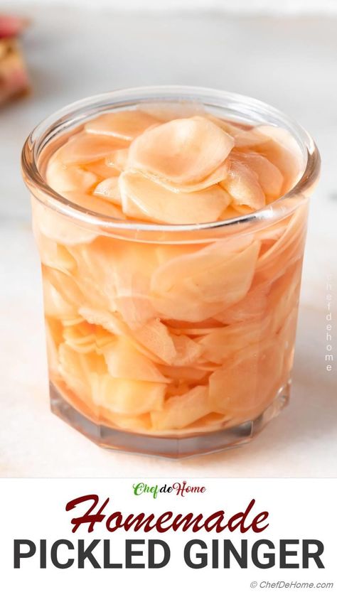 Pickled Ginger (Sushi Ginger) Recipe | ChefDeHome.com Pickled Things, Moroccan Carrot, Sweet Sushi, Moroccan Carrot Salad, Sushi Ginger, Pickled Vegetables Recipe, Pickled Foods, Ginger Recipe, Sushi Recipes Homemade