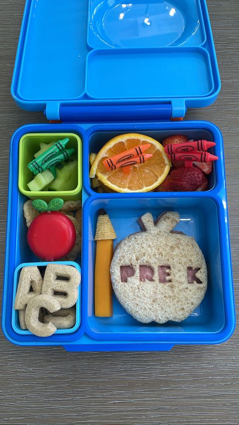 Healthy back to school lunch for my son’s first day of pre-k! Sandwich in an apple shape, pencil made out of a cheddar cheese stick, and ABC cookies. Kid Lunchbox Ideas For School, Back To School Bento Box Ideas, 1st Day Of School Lunch Ideas, Birthday School Lunch Ideas, Pre K Snack Ideas, First Day Of School Lunch Ideas For Kids, Pre K School Lunch Ideas, 1st Day Of School Lunch, Back To School Lunches For Kids