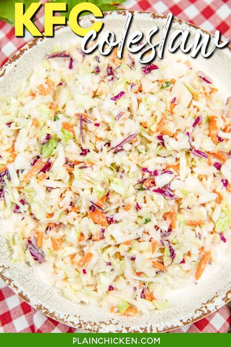 Copycat KFC Coleslaw Recipe - Recreate the iconic taste of KFC's famous coleslaw at home with our irresistible recipe! Crisp and crunchy coleslaw mix tossed in a creamy, tangy dressing made from buttermilk, mayonnaise, lemon juice, vinegar, and a hint of sweetness from sugar. This classic side dish pairs perfectly with your favorite fried chicken or barbecue ribs, providing a refreshing and satisfying complement to any meal! Kfc Coleslaw Dressing Recipe, Coke Slaw, Sweet Coleslaw Dressing, Kfc Coleslaw Recipe Copycat, Copycat Kfc Coleslaw Recipe, Creamy Coleslaw Recipe, Coleslaw Kfc Copycat, Kentucky Fried Chicken Coleslaw Recipe, Cole Slaw Kfc