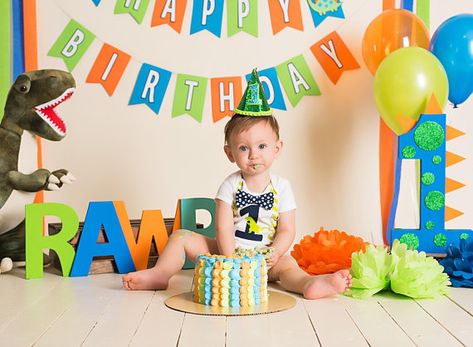 Dinosaur Decorations, Dinosaur 1st Birthday, 1st Birthday Onesie, Dinosaur Birthday Theme, Dino Theme, Birthday Onesie, Boys First Birthday Party Ideas, Dinosaur Birthday Cakes, Dinosaur Outfit