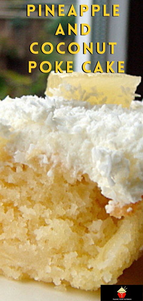 Pineapple and Coconut Poke Cake. A delicious pineapple combined with creamy coconut cake recipe, topped with fresh whipped cream and more coconut, making a soft and fluffy great tasting tropical cake Coconut Cream Poke Cake, Coconut Poke Cake, Coconut Pineapple Cake, Cream Poke Cake, Brownie Cake Pops, Coconut Sheet Cakes, Coconut Poke Cakes, Poke Recipe, Coconut Cream Cake