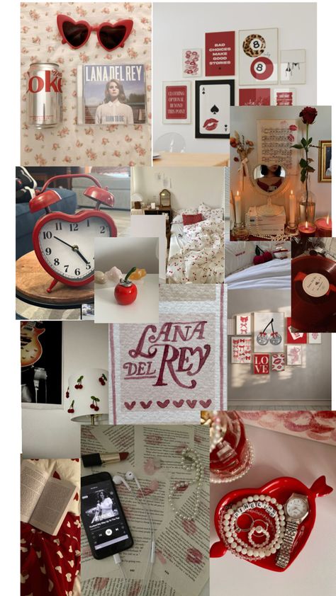 cherry, red, cozy, lips , lana de ray Cherry Room Decor Aesthetic, Cherry Red Bedroom Aesthetic, Cherry Bedroom Decor, Cherry Room, Vanity Room Ideas, Cherry Bedroom, Bedroom Plan, Dream Bedroom Inspiration, Dorm Inspo