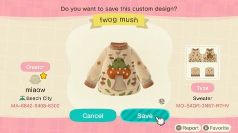 Acnh Mushroom Clothes Design, Acnh Fall Hat Code, Mushroom Acnh Code, Animal Crossing Flag Design Codes, Froggycrossing Design Codes, Animal Crossing Freckles, Acnh Frog Designs, Custom Design Animal Crossing Clothes, Animal Crossing Fall Outfits