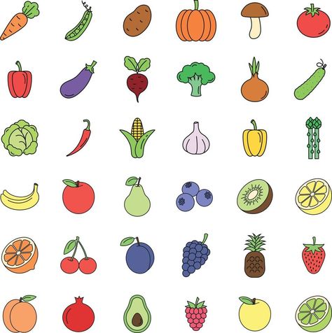 Set of fruits and vegetables icons. Small Vegetable Drawing, Doodle Fruits And Veggies, How To Draw Fruits And Vegetables, Clip Art Vegetables, Drawings Of Fruits And Vegetables, Vegetable Easy Drawing, Simple Vegetable Drawings, Cute Fruit Drawings Easy, Easy Fruits Drawing