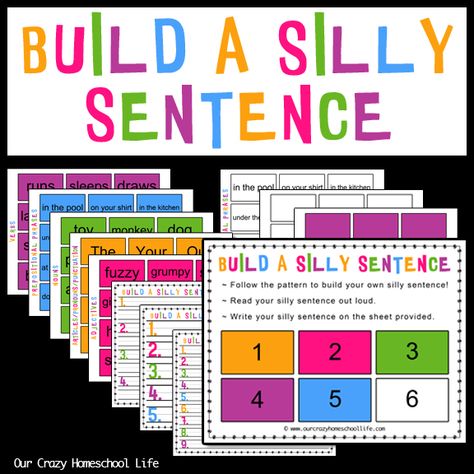 Build A Silly Sentence - Have fun while learning to write! Homeschool, Kindergarten, 1st Grade, 2nd Grade grammar, writing, creative writing. Silly Sentences Kindergarten, Second Grade Writing Prompts, 2nd Grade Grammar, Second Grade Writing, Sentence Activities, Silly Sentences, The Sentence, Homeschool Kindergarten, Homeschool Life