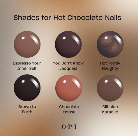 Dark Brown Nail Color, Opi Hot Toddy, Dark Brown Pedicure, Chocolate Nail Color, Short Nail Designs Dark Colors, Opi Dark Colors, Fall Mani Pedi Combos, Dark Chocolate Nails, Hot Chocolate Nails