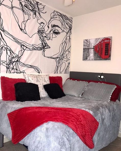 Kissing Sketch, Red Dorm, Red Room Decor, Dorm Room Colors, Red Bedroom Decor, Girl Apartment Decor, First Apartment Decorating, Apartment Bedroom Decor, Bedroom Decor Cozy