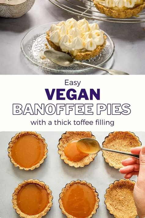 This decadent vegan banoffee pie recipe has crumbly pecan and biscuit bases, a rich vegan toffee filling, fresh bananas and whipped cream. A deliciously more-ish vegan dessert! Vegan Toffee, Vegan Banoffee, Vegan Banoffee Pie, Banoffee Tart, Mothers Day Recipes, Dairy Free Deserts, Vegan Valentines, Banana Crumble, Vegan Afternoon Tea