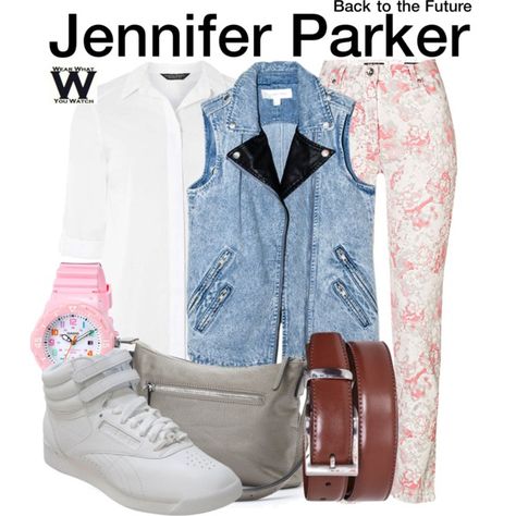 Inspired by Claudia Wells (1985) & Elisabeth Shue (1989) as Jennifer Parker in Back to the Future. Back To The Future Outfit Ideas, Back To The Future Outfits, Claudia Wells, Back To The Future Party, 80s Inspired Outfits, Future Costume, Future Clothes, Upcycle Jeans, Future Outfit