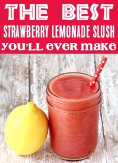 Strawberry Lemonade Recipe - Easy Frozen Slushie!  With just 4 ingredients, this delicious treat is SO easy to make, and is a must-have on a hot Summer day!  Go grab the recipe and give it a try this week! Lemonade Slushie Recipe, Lemonade Slushie, Frozen Strawberry Lemonade Recipe, Lemonade Slush, Easy Strawberry Lemonade, Frozen Strawberry Lemonade, Lemonade Slushies, Strawberry Lemonade Recipe, Frozen Drink Recipes