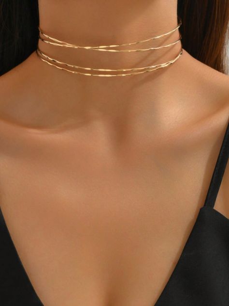 1pc Trendy Chic Retro Hollow Out Open Collar Necklace, Classic Design Gold    Iron     Women Fashion Jewelry, size features are:Bust: ,Length: ,Sleeve Length: Jóias Body Chains, Elegant Choker, Dainty Choker Necklace, Choker Necklace Gold, Prom Necklaces, Gold Body Chain, Choker Silver, Dainty Choker, Womens Chokers