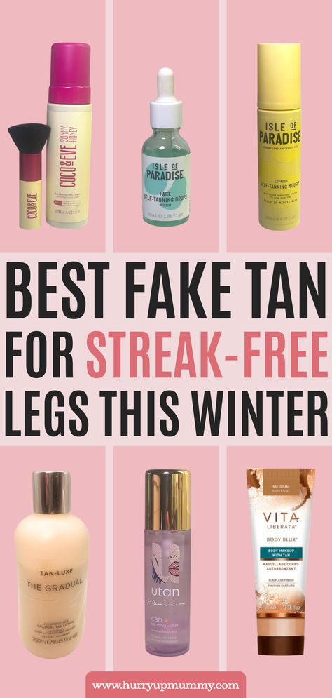 A selection of self-tanning products displayed on a pink background, showcasing the best streak-free fake tan options for achieving smooth, even legs during winter. Fake Tan Products, Best Fake Tan, Best Self Tan, Good Fake Tan, Tan Products, Best Self Tanner, Eve Best, Tanning Mousse, Self Tanner