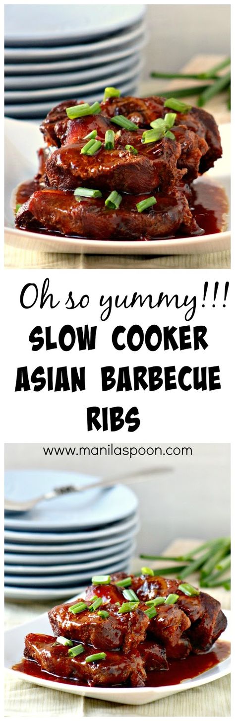 Super tender and delicious fall-off-the-bone Slow Cooker Asian Barbecue  Ribs. A tried and tested and NO FAIL recipe! | manilaspoon.com Asian Ribs, Slow Cooker Asian, Mapo Tofu, Barbecue Ribs, Best Slow Cooker, Minced Meat, Crock Pot Slow Cooker, Crock Pot Cooking, Pork Recipes