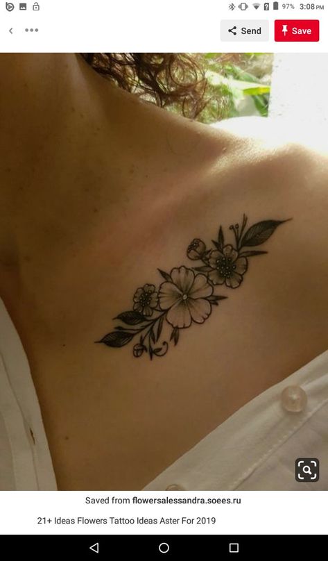 Under Collar Bone Tattoos, Flowers Tattoo Ideas, Aster Tattoo, Small Tattoo Placement, Hibiscus Tattoo, Tattoo Flowers, Handpoke Tattoo, Small Flower Tattoos, Flower Tattoo Shoulder