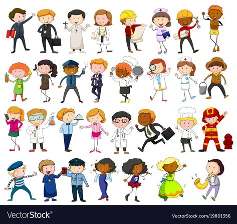 Different Jobs Illustration, School Magazine Ideas, Character Flat Design, Job Pictures, Creative Worksheets, Community Workers, Job Clothes, Clay Crafts For Kids, History Events