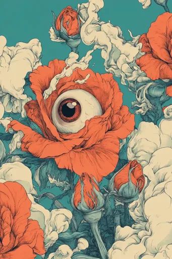 ↑↑↑ Larger size on website 🔸 A surreal and detailed illustration depicts a large, vibrant red rose with a human eye in the center Human Plant Hybrid Art, Creepy Flower Drawing, Flowers With Eyes, Eyeball Flower, Corpse Flower, Eye Flower, Hybrid Art, Violin Case, Rose Illustration