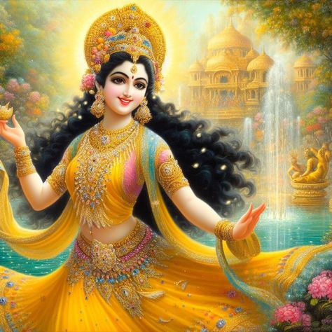 Her Highness Radha dancing with friends in the garden of Heaven. Swarg Satyug. Golden Palace. Fountain. Water body. Radha Ji Images, Radha Dancing, Radha Rani Wallpaper Full Hd, Bhagwan Images, Glitter Wallpapers, Lakshmi Photos, Saraswati Mata, Horizontal Background, Shree Radha